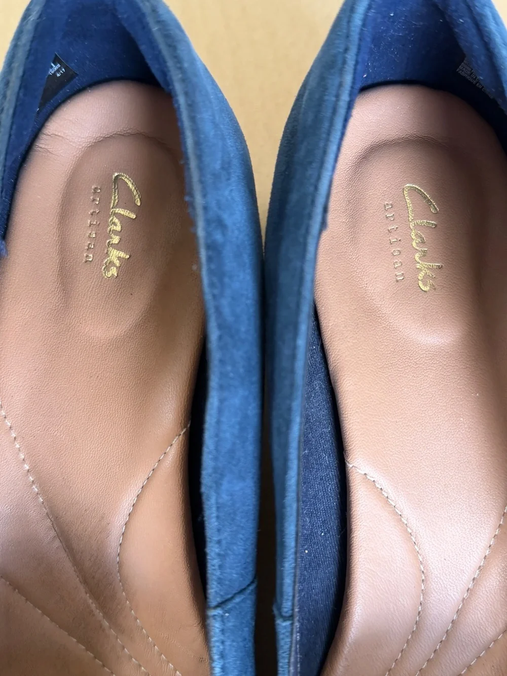 Clarks Navy Suede Low Block Heel Pumps with Buckle Accent